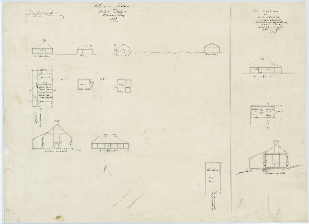 Plans and section of Pilot Station, Moreton Bay, showing plan and section of Out Station at Lime Stone Hill, 1838
