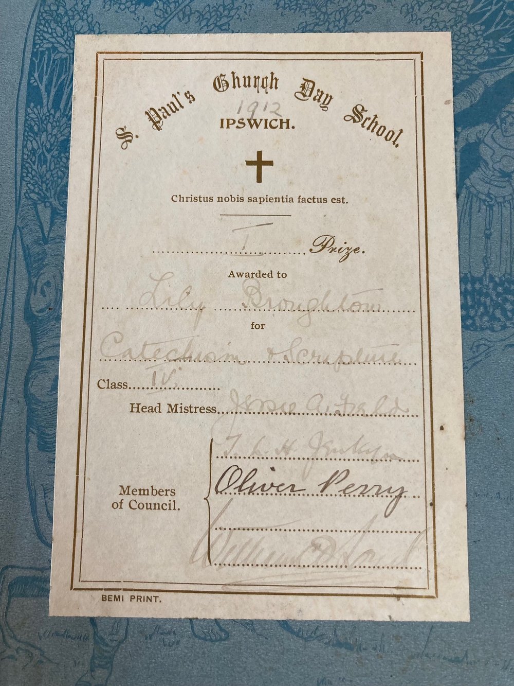 Book Prize presented to Lillian Broughton, St Paul&rsquo;s Day School, Ipswich, 1912