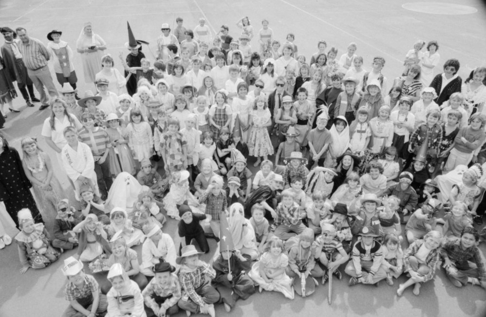 Thought to be students of Ipswich North State School dressed for a Book Week parade, North Ipswich, August 1987