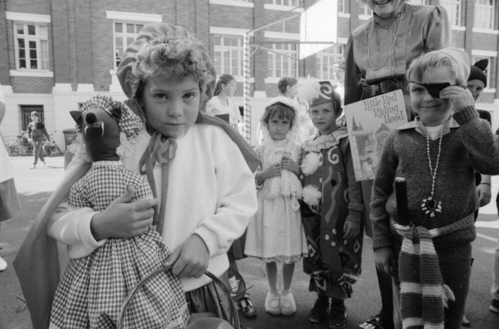 Thought to be students of Ipswich North State School dressed for a Book Week parade, North Ipswich, August 1987