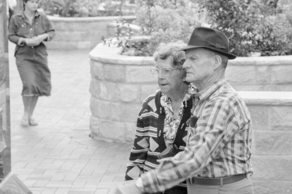 People admiring the Obelisk at its unveiling at the opening of Ipswich City Mall, Ipswich, August 1987