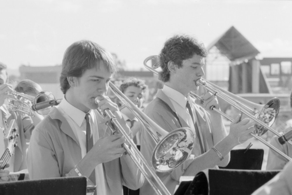 Unidentified band playing onstage at the opening of the Ipswich City Mall, Ipswich, August 1987 