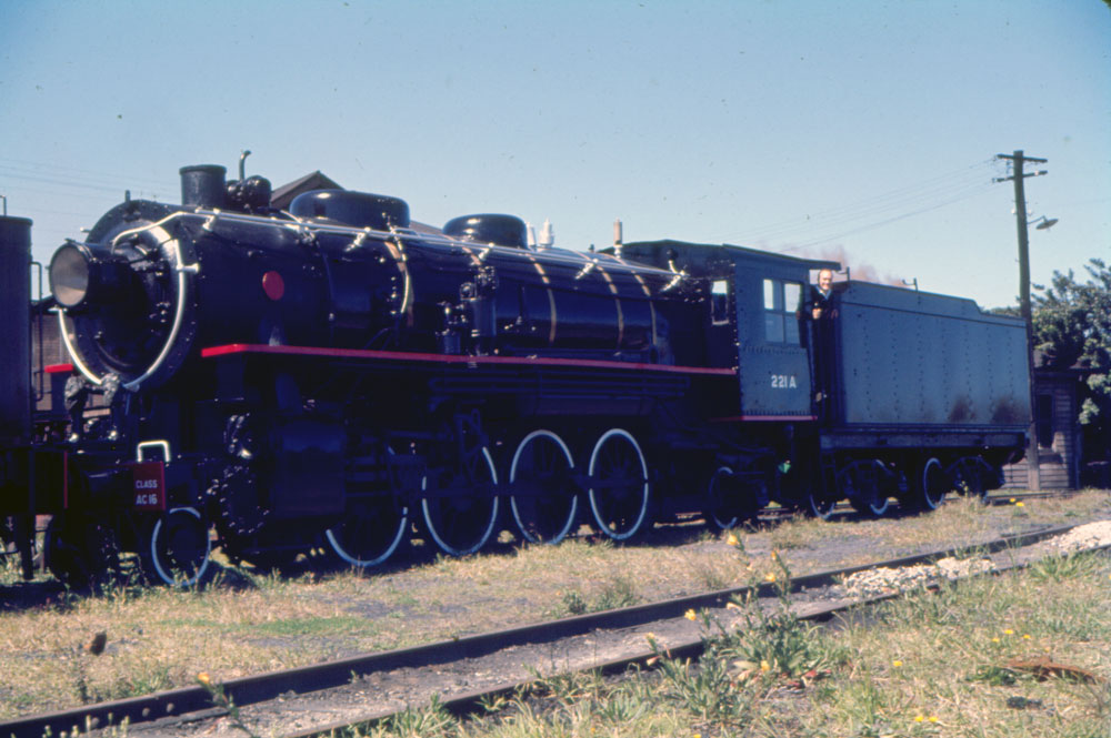 Restored steam locomotive at North Ipswich Railway Workshops, prior to relocation to Queensland Railways Locomotive Museum at Redbank, c.1970