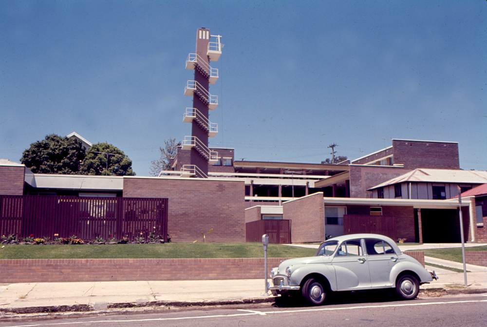 Brisbane Street view of Ipswich Fire Brigade Headquarters and tower from site of earlier fire station, Ipswich 1970