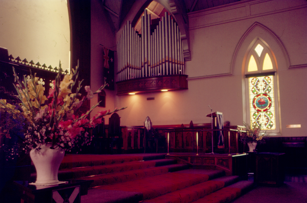 Interior of St Stephen's Presbyterian Church, corner Limestone and Gordon Streets, Ipswich, c.1970