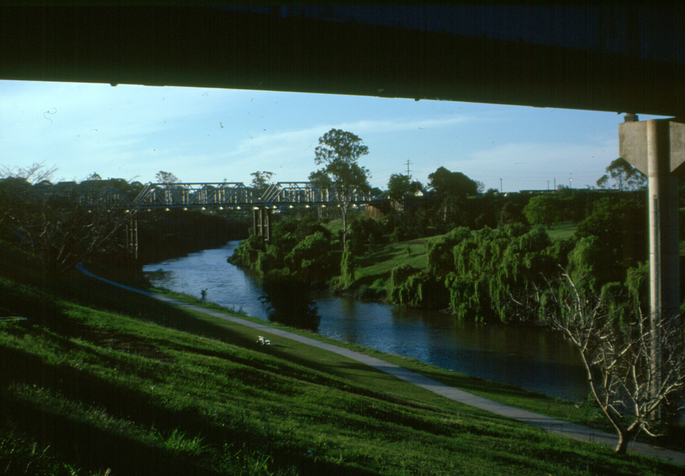 View towards Bremer River Rail Bridge, from under David Trumpy Bridge, Ipswich, c.1970