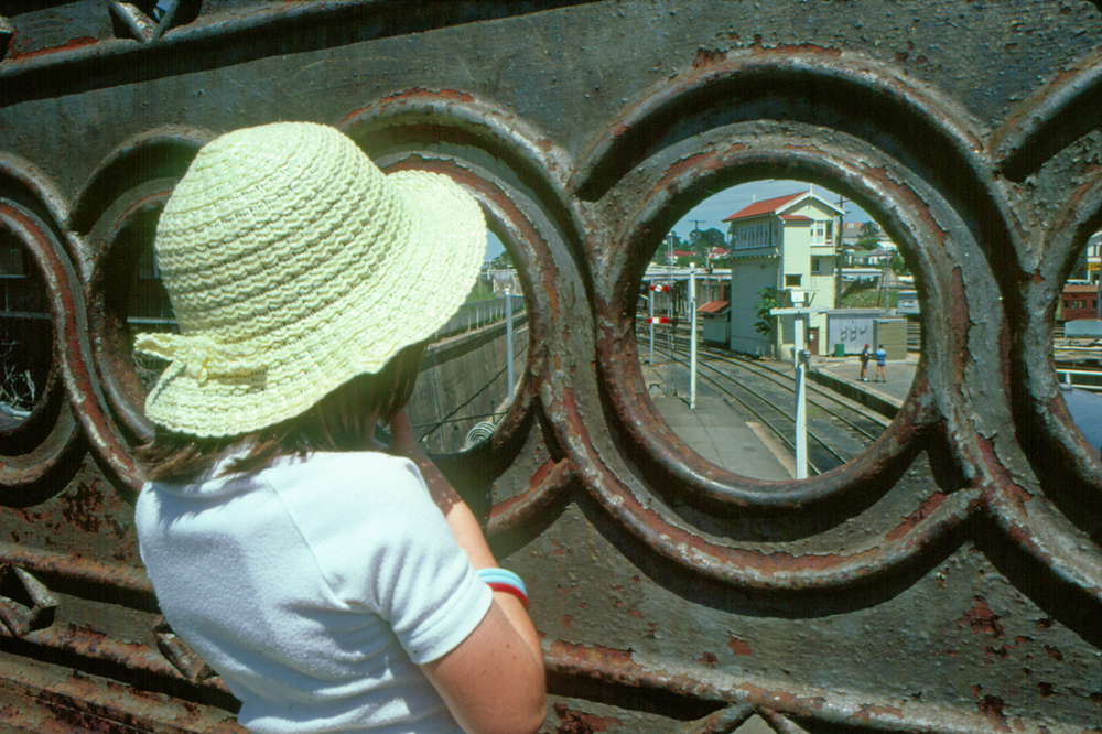 Girl looking through Nicholas Street Bridge towards Signal Box, Ipswich, 1985