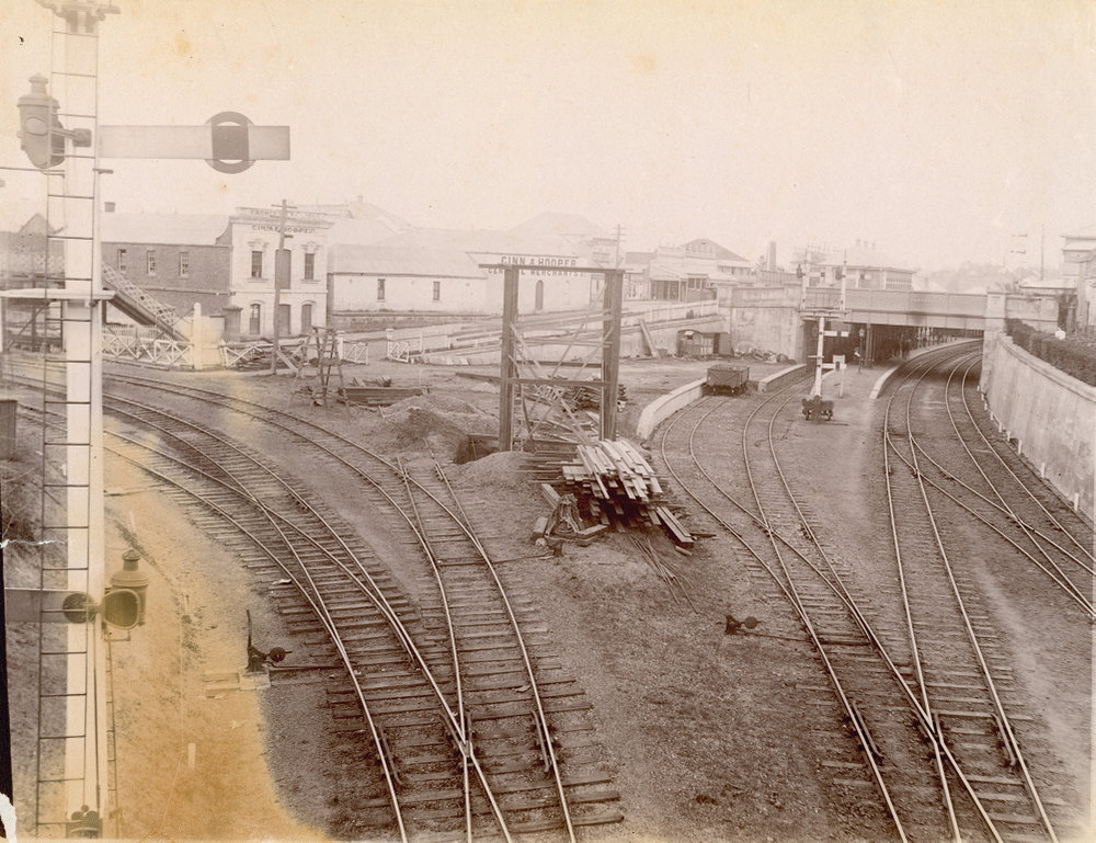 View towards Nicholas Street Railway Bridge, along railway line, Ipswich, 1890s