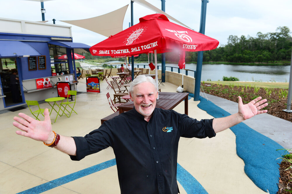 Mike D'Arcy of Colleges Crossing Cafe has proudly reopened his business two years after the floods destroyed the park, January 2013