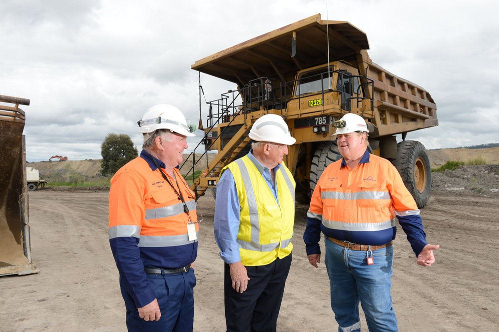 New Hope CEO and managing director Rob Neale (middle) with Oakleigh Coal Mine long serving employees, Peter Bevan and Murray Freeman, at the mine which is closing after 65 years in operation, January 2013