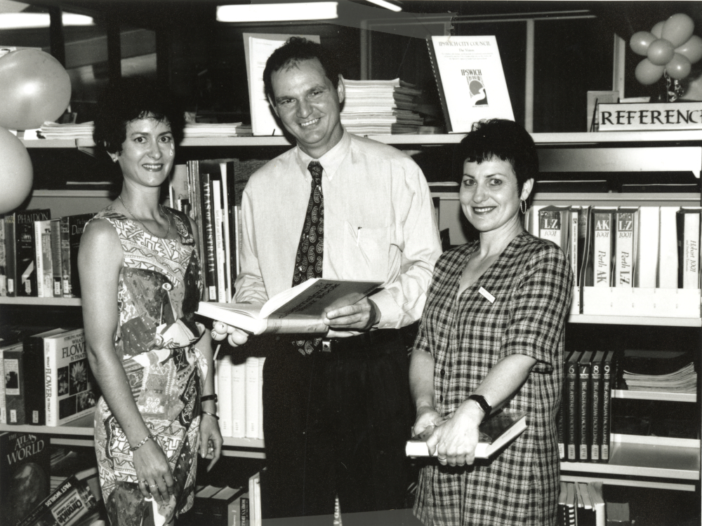 Library officer Lail Scott, Alderman Paul Pisasale, and librarian Robyn Lawrence, Redbank Plains Library, 1990s