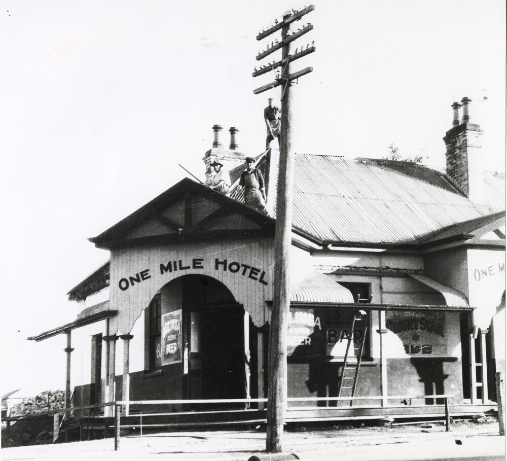 One Mile Hotel undergoing renovations, West Ipswich, early 1900s