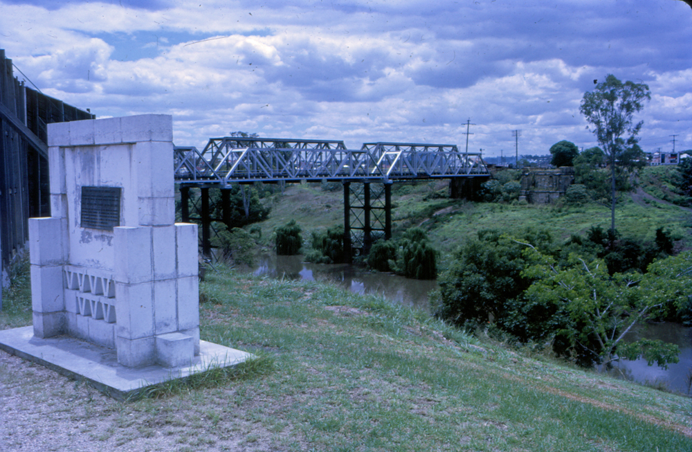 Monument to first railway bridge over Bremer River, Ipswich, c.1970
