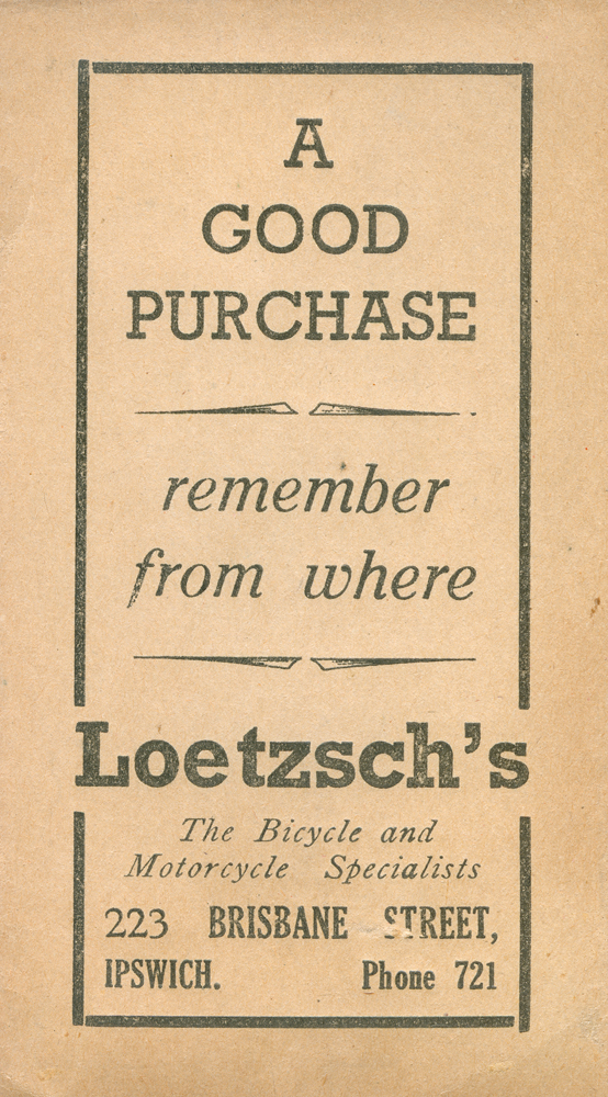 Purchase label from Loetzsch's Motorcycles, Ipswich, early 1950s