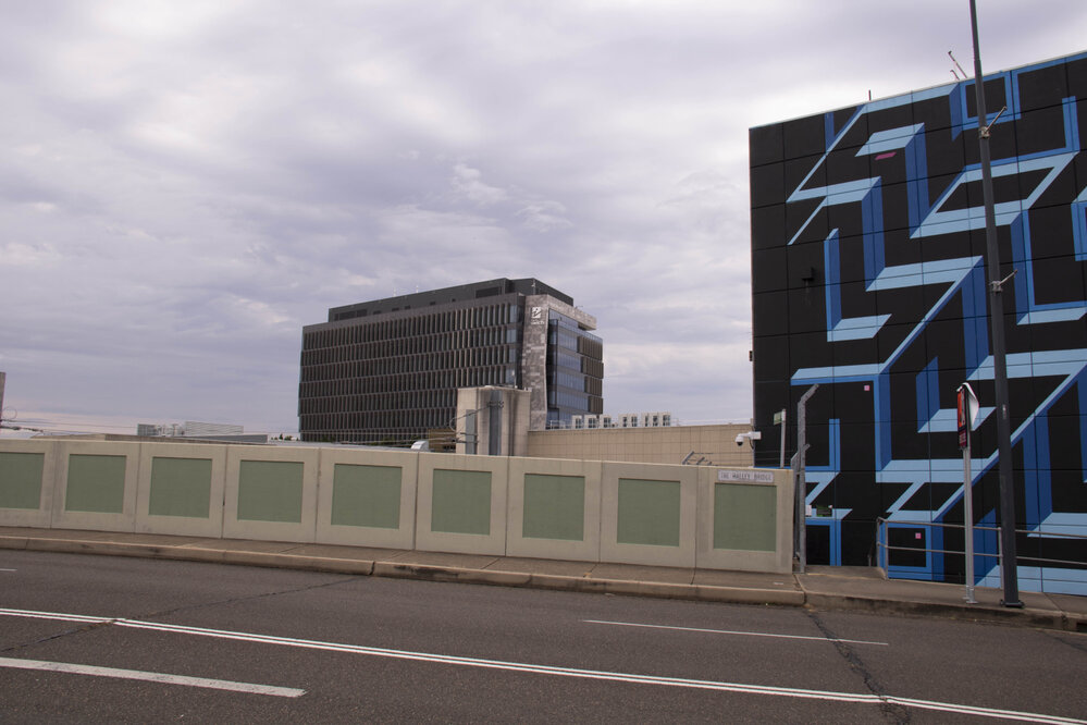 Halley Bridge, looking towards Ipswich City Council Administration Building, Ellenborough Street, Ipswich, March 2023