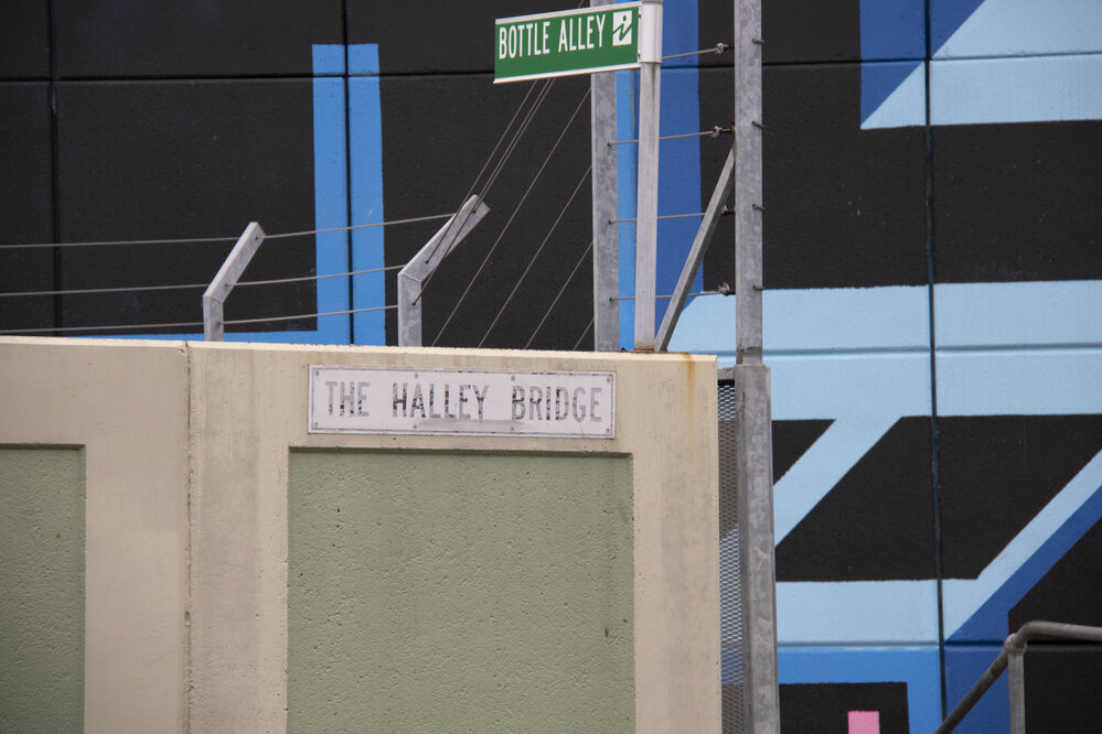The Halley Bridge and Ellenborough Street entry to Bottle Alley, Ipswich, March 2023