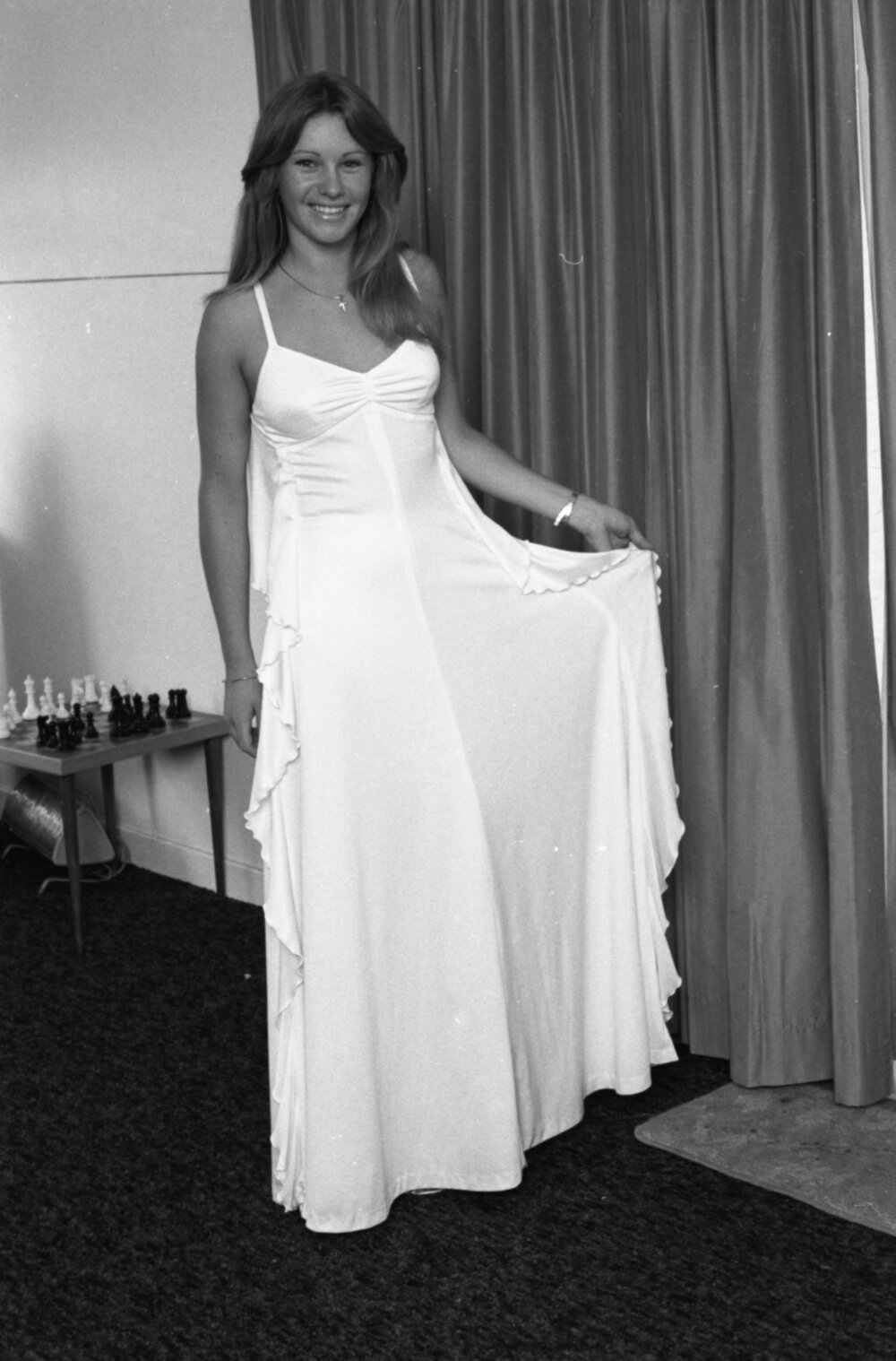 Kim modelling evening wear, Ipswich, Queensland, January 1978