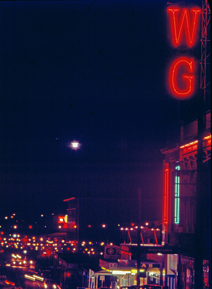 Wintergarden Theatre neon sign lit up at night, Ipswich, 1970