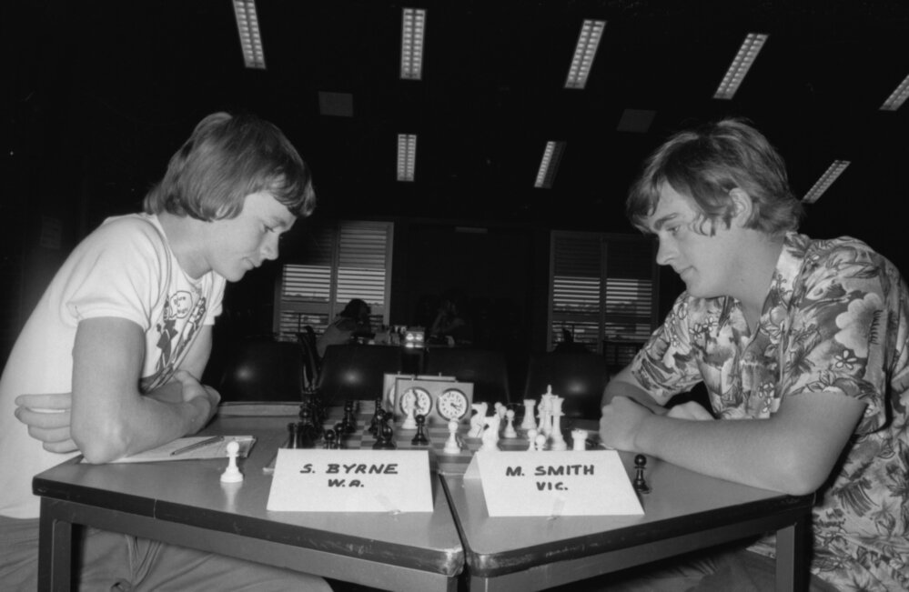 S. Byrne and Murray Smith at the Australian Junior Chess Championship tournament, Ipswich, Queensland, January 1978