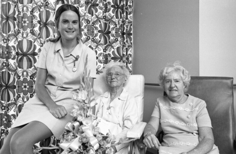Residents at Brassall Village with Nurse, Brassall, Ipswich, January 1978