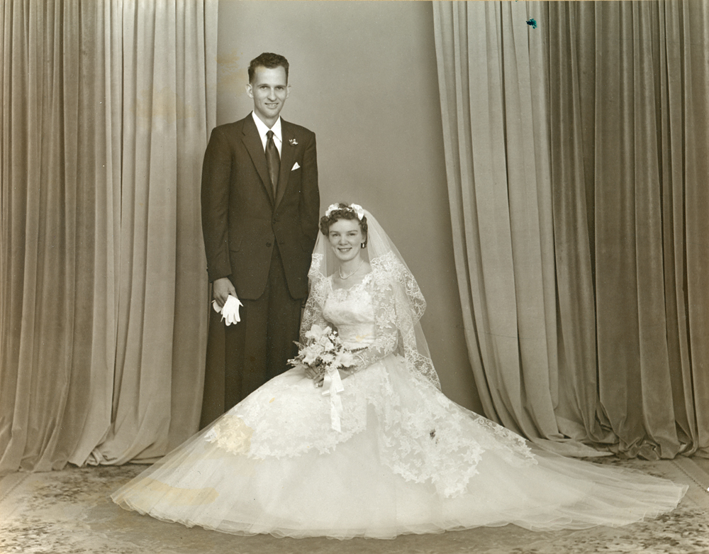 Formal wedding portrait of Bevan and Marie (nee McKain) Steele, Ipswich, 1958
