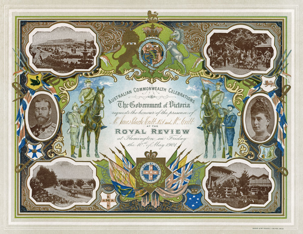 Invitation from the Government of Victoria to Mr James Clarke Cribb and Mrs Cribb, of Ipswich, to attend the Royal Review at Flemington on 10 May 1901