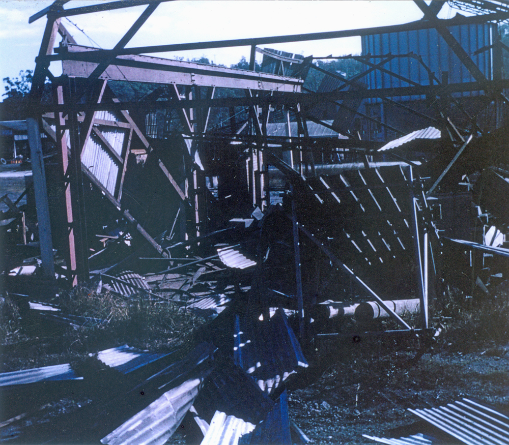 Remains of Deputy's cabin day after Box Flat explosion, Ipswich, 1972