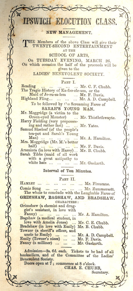 Program from Ipswich Elocution Class Entertainment, Ipswich, Tuesday 26 March, 1867