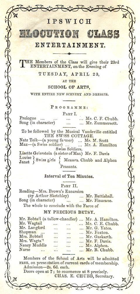 Program from Ipswich Elocution Class Entertainment, Ipswich, 23 April, 1867