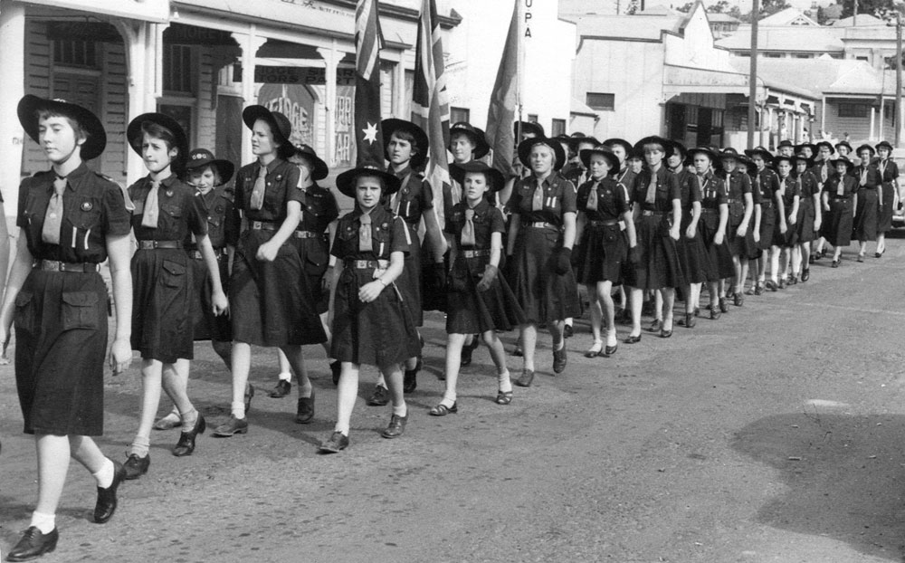 Ipswich Girl Guides in ANZAC Day Parade, Nicholas (?) Street, Ipswich, 1957