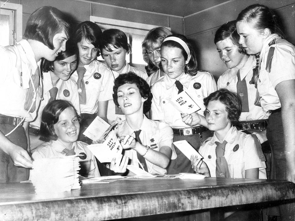 Ipswich Girl Guides with anti litter brochures, Ipswich,  c.1960s