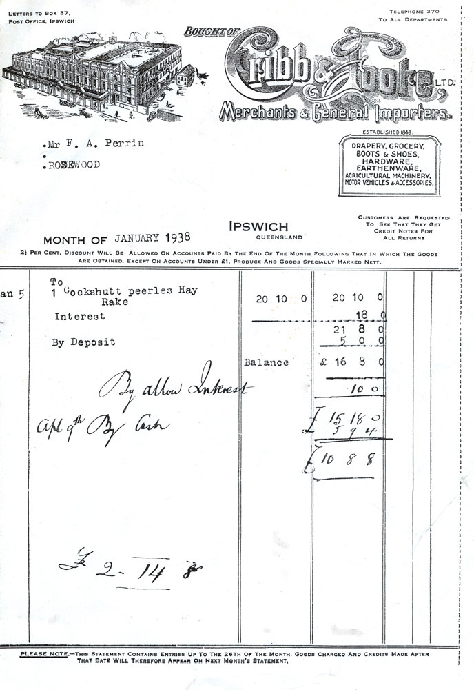 Cribb &amp; Foote, Merchants and Genral Importers' statement, Ipswich, 1938