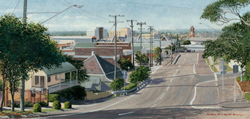 Painting by Alan Purnell of Limestone Street looking east from Baines Park, Ipswich, 2009