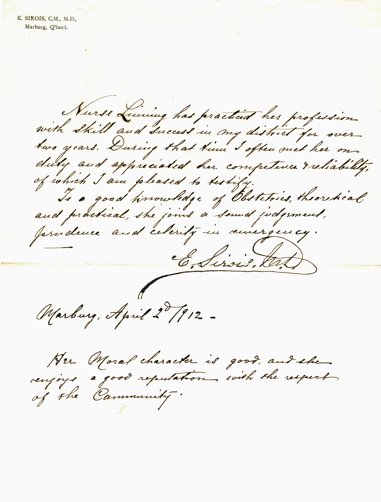 Letter of recommendation from Dr Sirois for nurse Louisa Linning, Marburg, Ipswich, 1912