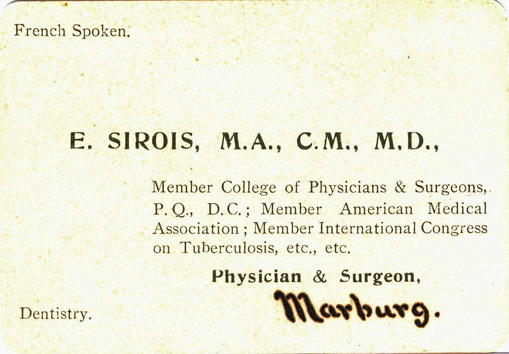 Business card of Dr Euchariste Sirois, Marburg, Ipswich, 1909