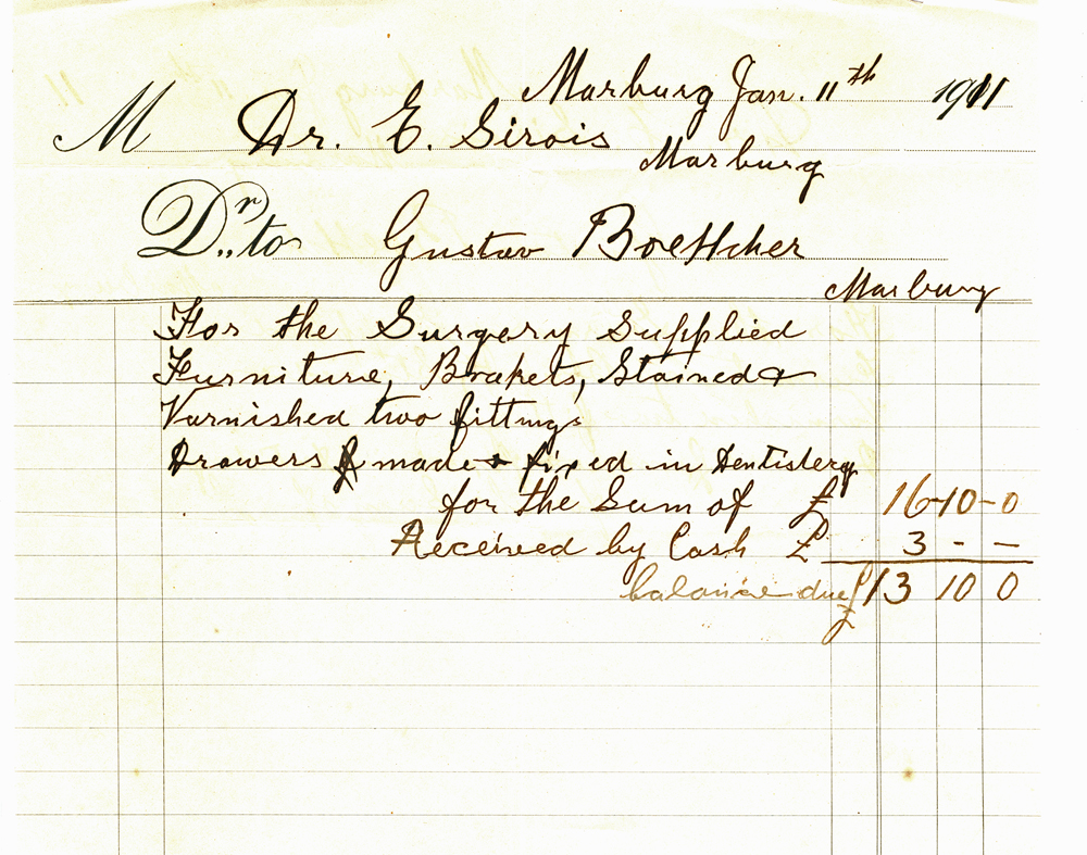 Invoice from G. Boettcher to Dr.  E. Sirois for fittings for Marburg Private Hospital, Marburg, Ipswich, 1911