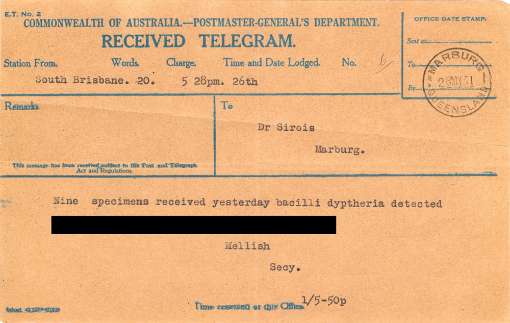 Telegram to Dr Sirois advising patients with diphtheria, Marburg, Ipswich, 1931