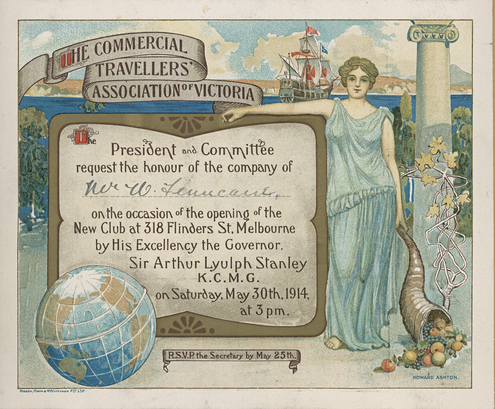 Invitation from the Commercial Travellers' Association of Victoria to W. Finucane, Melbourne, 1914