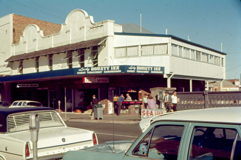 Nicholas Street and railway bridge streetscape, Ipswich, 1971