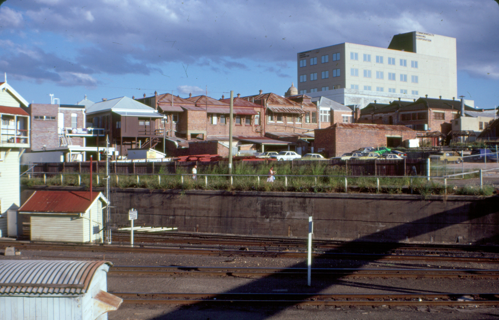 Rear of businesses facing Nicholas Street, Ipswich, 1985