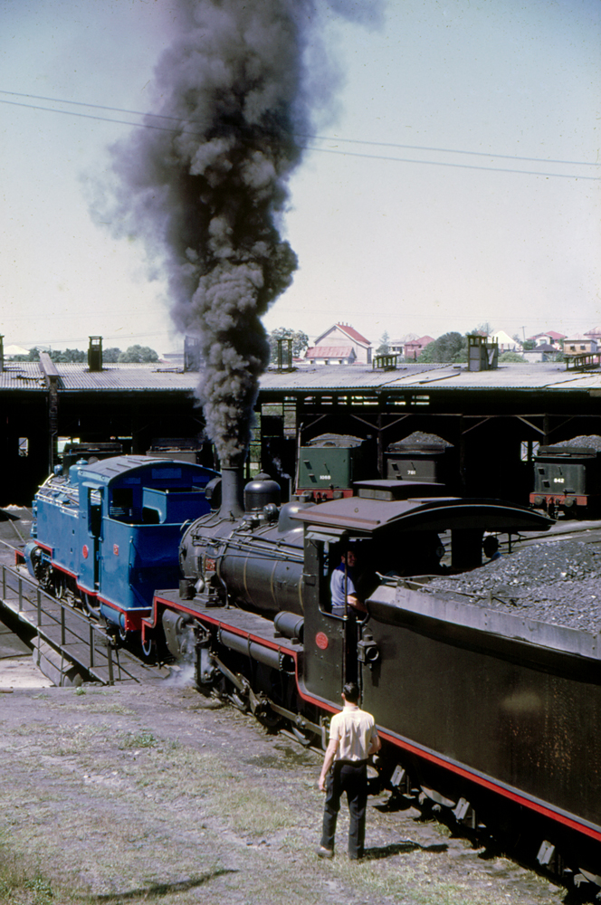 Shunting locomotive onto turntable, Ipswich Railway Workshops, North Ipswich, 1969