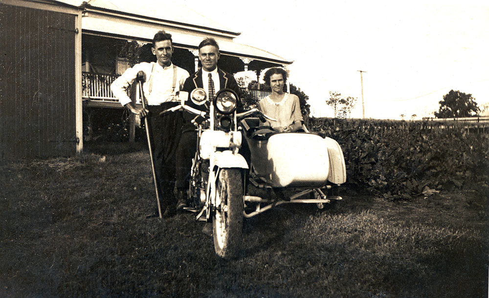 Syd Gardiner and wife with Syd's Harley-Davidson, North Ipswich,  c.1935
