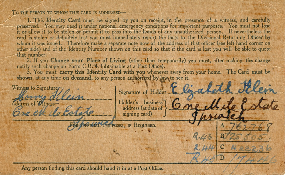 Personal identity card issued during World War 2, Ipswich, c.1940
