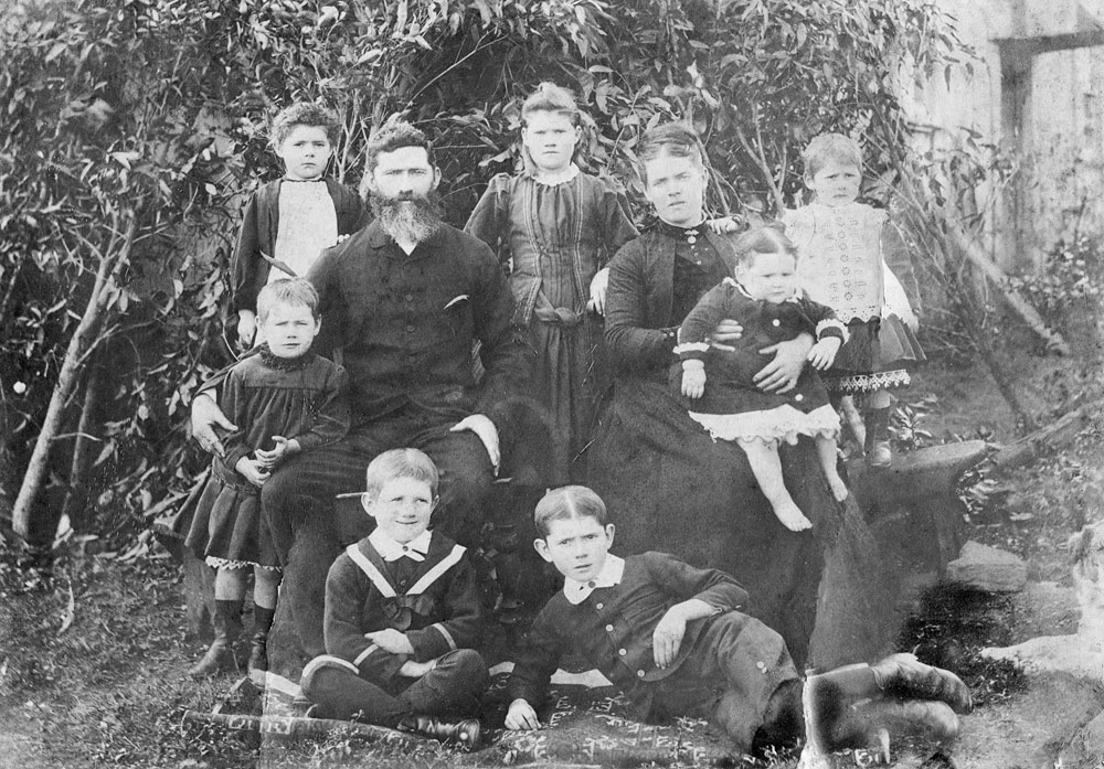 James and Catherine Mullins with their six children and cousin, Mary Ann Ward, Redbank Plains, Ipswich, 1892