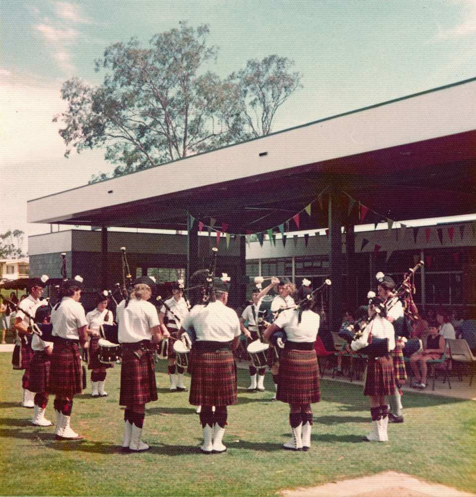 Pipe band performing at Redbank State School, Redbank, Ipswich, 1976