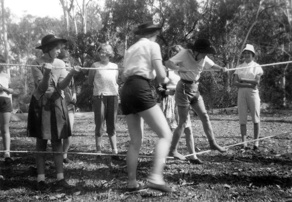 Practising river crossings by rope at Scott's Farm, Ripley, Ipswich, 1963