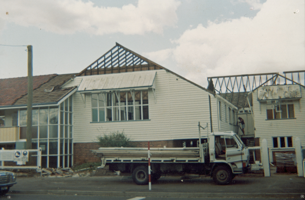 Classrooms of Blair State School being demolished after fire, Sadliers Crossing, Ipswich, 1991