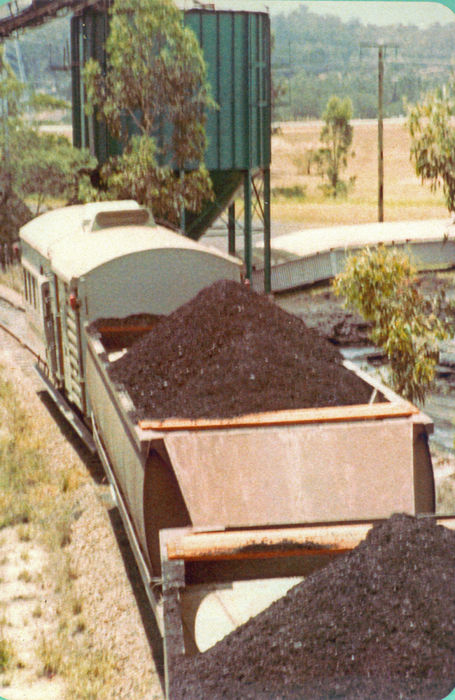 Wagons from Southern Cross Mine at Swanbank Power Station, Ipswich, c. 1974
