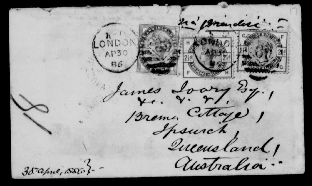 Envelope addressed to James Ivory Esquire, 1886