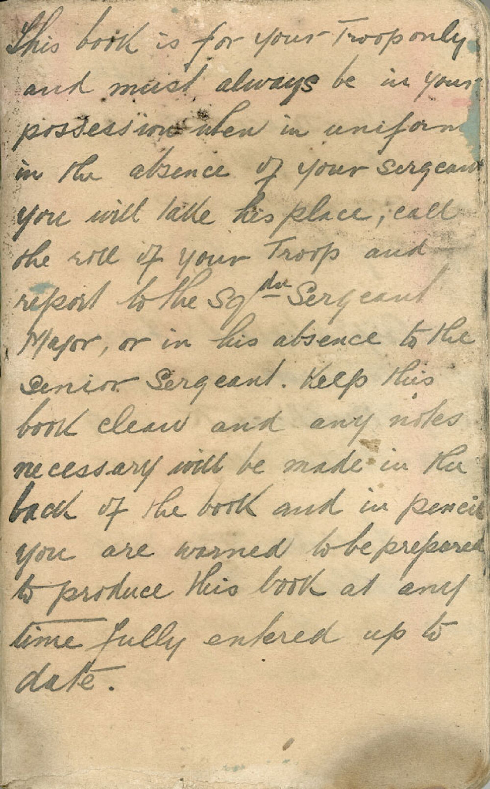 Section of note book held by member of 13th Australian Light Horse Regiment listing roll call times and men's details, Ipswich, 1904